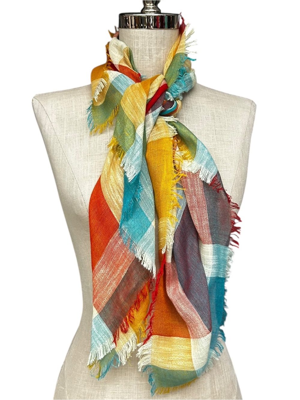 Vintage 80s Plaid Sheer Scarf Wrap Multicolor Fringe Multicolor Woven Scarf